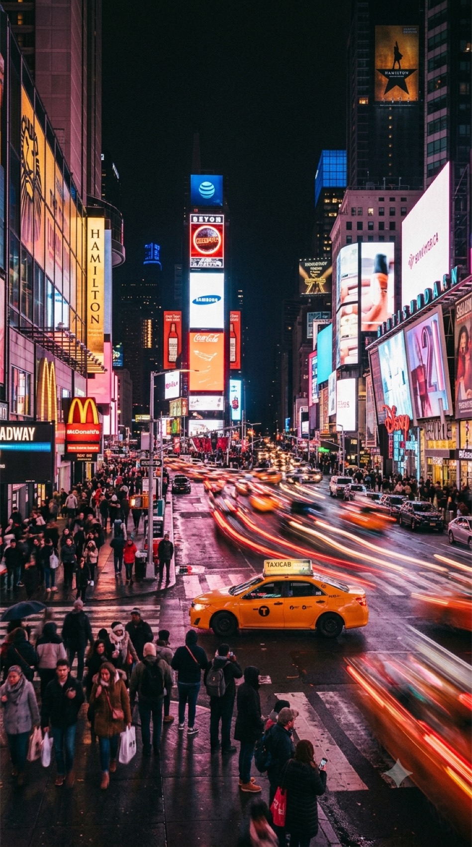 Times Square at night, crowds and neon billboards